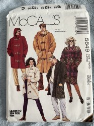 5649 MCCALLS UNISEX DUFFLE COAT LENGTHS, DETACHABLE HOOD PATTERN XLG OR LG  OR MEDIUM CHOICE